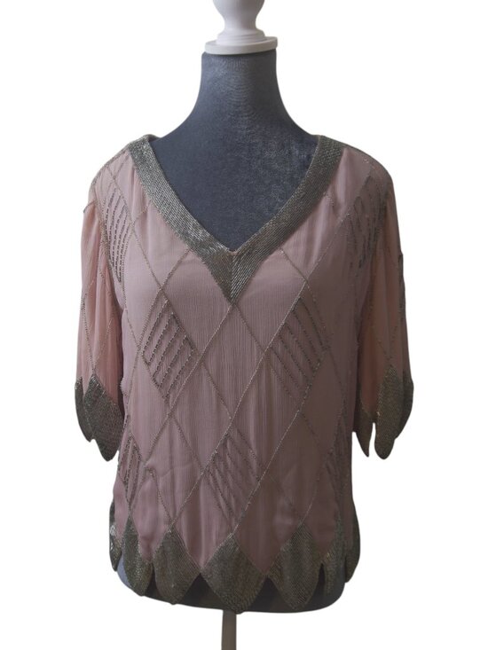 Judith Ann Creations Tops - Judith Ann Creations 100% Silk Dusty Pink Silver Beaded Art Deco Top M